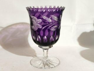 Amethyst Purple Cased Cut To Clear Crystal Iced Beverage Glass Long Stem Rose