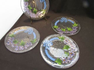 Vintage Set Fused Art Of Glass Blue Floral Salad Dessert Plates 4 Matching 8 "