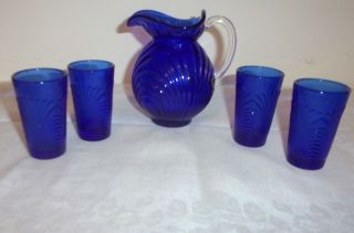 Childs Play Set Vintage Cobalt Blue Glass Water Pitcher Set W/ 4 Glasses Goblets