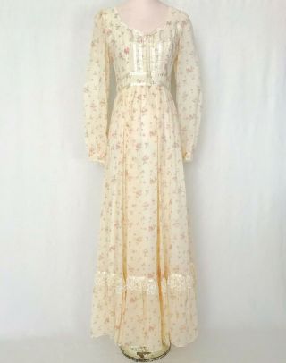 Vintage Gunne Sax Dress 1970s Floral Prairie Cottage Core - Ivory W/pink Flowers