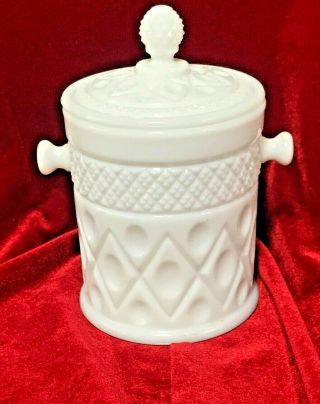 Vintage Milk Glass Small Storage Jar With Lid & Handles (rattan Is Gone)