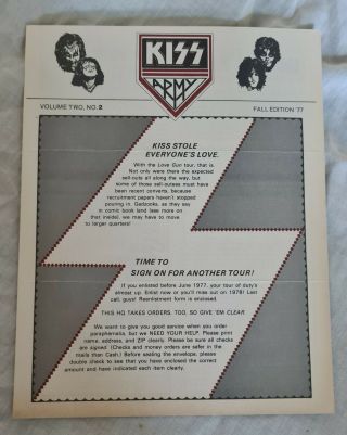 Kiss Memorabilia - 1977 - Kiss Army Newsletter - Volume 2 - No 2 - Fall 1977 - Rare