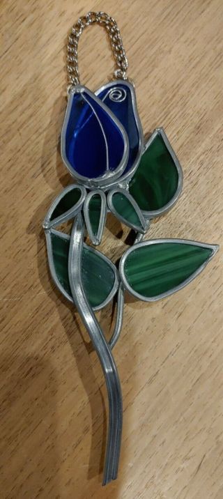 Vintage Blue Green Stained Glass Hanging Floral Heavy Metal Trim Tulip Flowers
