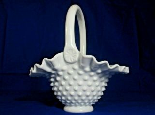 Vintage Fenton Hobnail Ruffled Edge Milk Glass Basket Vase