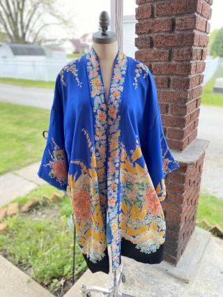 Vintage 1920s 1930s Silk Crepe Floral Blue Robe