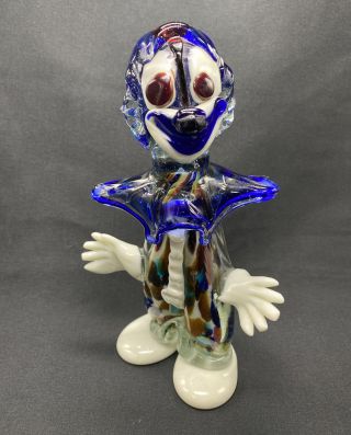 Vintage Murano Art Glass Clown Figure Hand Blown Blue And Multi Color 8”
