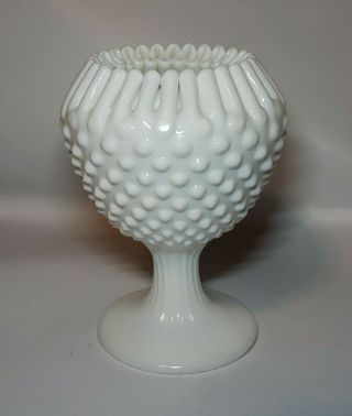 Vtg Fenton Milk Glass Hobnail Ivy Pedestal Vase Ribbon Crimped 6 "