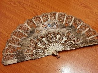 Antique Hand Fan Celluloid Ornate Cloth Tulle Victorian Couples Open Work