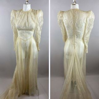 Vtg 30s 40s Womens Cream Lace Wedding Dress Puffy Sleeves Long Train Xs/small