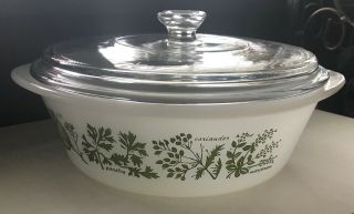 Vintage Glasbake Milk Glass W/ Green Herb Design 2 Qt Casserole Dish With Lid