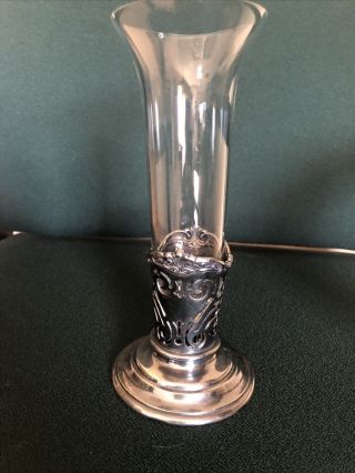 Vintage Victorian Silver Plated Cut Floral Crystal Glass Flower Bud Vase