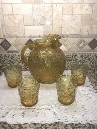Anchor Hocking Milano Vtg Amber Glass Pitcher And Set Of 4 Juice Glasses