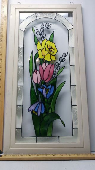 Wood Framed Stained Glass Look Hand Painted Flowers Sun Catcher 22 " H X 11 " W
