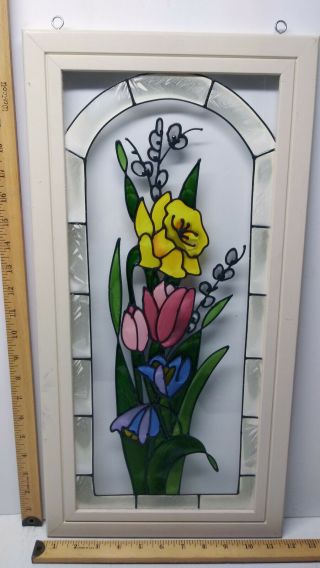 Wood Framed Stained Glass Look Hand Painted Flowers Sun Catcher 22 