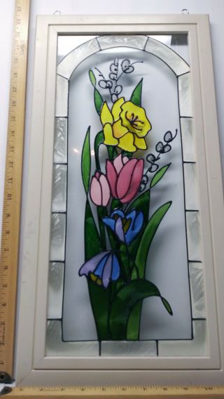 Wood Framed Stained Glass Look Hand Painted Flowers Sun Catcher 22 