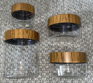 Pyrex Ware Canisters Stackable Set See & Store 1970s Glass Wood Grain Lids