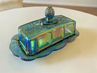 Vintage Indiana Carnival Glass Blue Iridescent Harvest Grape Butter Dish W/lid