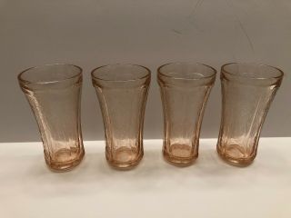 Vintage Set Of 4 Pink Depression Glasses With Etched Design 6.  5 " Tall 3.  5 " Wide