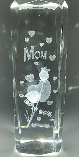 3d Crystal Glass Laser Etched Hologram Paperweight Engraved " Mom I Love You "