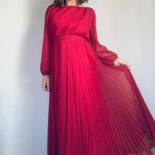 Vtg 70s Miss Elliette California Sheer Pleated Chiffon Dark Red Long Dress Sz Xl