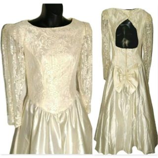 Vintage Bridal Wedding Gown Ivory Satin Skirt Lace Top Sz 5 Sleeve A - Line Dress