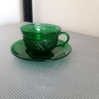 Anchor Hocking " Sandwich Forest Green " Cup And Saucer Set