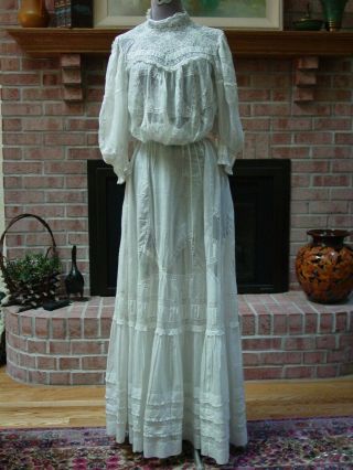 Vintage Victorian 2 Piece Wedding Dress White Lawn Lace High Collar Small