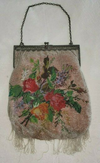 Antique Victorian Micro Glass Beaded Floral Purse Handbag 1800 