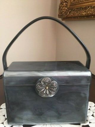 Vintage Wilardy Gray Marbleized Lucite Box Purse Evening Hand Bag Flower Clasp