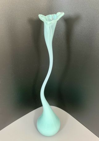 Artist Signed Hand Blown 14” Tall Blue And White Trumpet Flower Slag Glass Vase