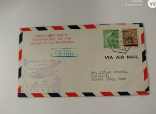 1937 First China Flight Trans Pacific Airmail Macao To San Francisco Cover Ffc
