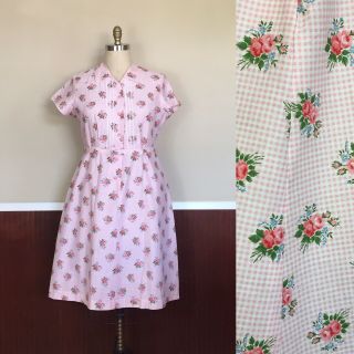 Vintage 1950s Plus Size Pink Floral Dress Waist 40 Inches