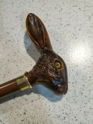Antique Hand Carved Brown Rabbit Head Walking Cane 36” Glass Eyes