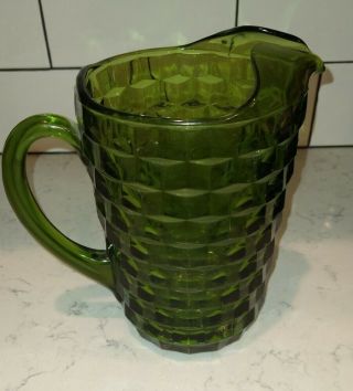 Vintage Antique Indiana Whitehall Colony Cubist Cube Avocado Green Pitcher