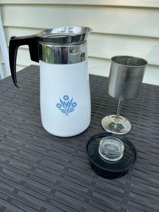 Vintage Corning Ware Coffee Tea Pot Kettle W/ Lid Basket Blue Cornflower 9 Cup