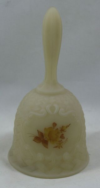 Fenton Satin Custard Dinner Bell With Hand Painted Brown Rose Flowers