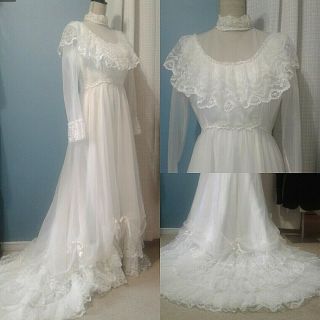 Vintage 70s 10 Lace Sheer Train Bridal Wedding Dress Gown Boho Prairie Dynasty