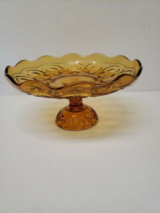 Vintage Le Smith Amber Moon And Stars Pedestal Cake Plate 9.  5” Scalloped Edge