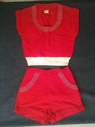 Vintage 1960s Catalina Red 2 - Pc Fun Sun Shorts Cotton Outfit Ca Wear Terrycloth
