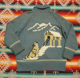 Vintage High Gauge Knit Sweater Cowichan 1950s Wolf Sweater L/xl Shawl Collar