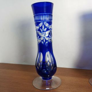 Vintage Cobalt Blue Cut To Clear Pedestal Crystal Bud Vase 6.  25 " Tall Vguc