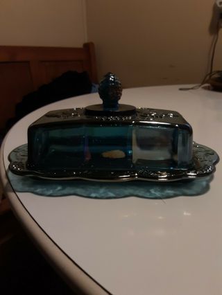 Vintage Indiana Glass Harvest Grapes Blue Carnival Glass Covered Butter Dish