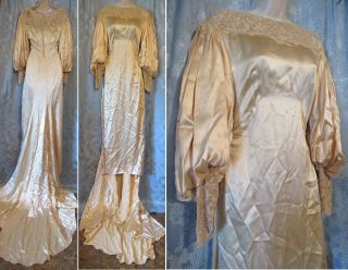 Vtg Edwardian 20s Cream Satin Beaded Trim Wedding Gown Dress Mutton Sleeves Tlc