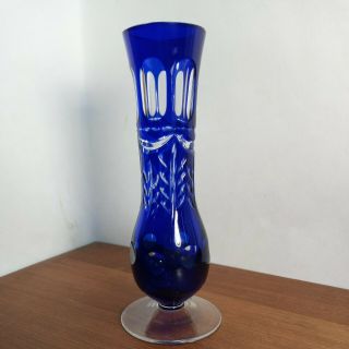Vintage Cobalt Blue Cut To Clear Pedestal Crystal Vase 6.  25 " Tall No Chips Vguc
