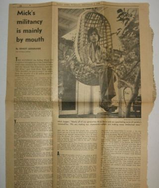 Vintage 1969 Rolling Stones Newspaper Article Daily News Altamont Mick Jagger