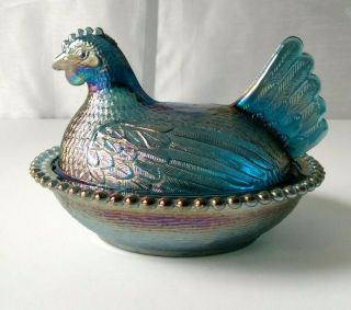 Vintage Indiana Teal Blue Iridescent Carnival Glass “hen On A Nest” Candy Dish