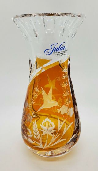 Julia Hand Cut Lead Crystal 24 Amber Hummingbird Vase Made In Poland