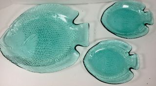 3 Arcoroc Aqua Fish Plates Clear Pressed Glass France - One 10x8.  5 & Two 6.  5x5”’