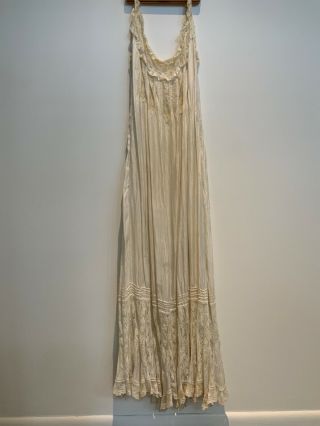 Antique Edwardian Large Slip Dress Ivory Silk With Lace Sleeveless Maxi