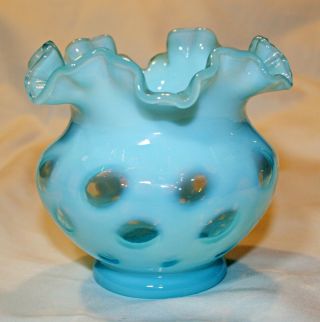 Fenton Vintage Blue Opalescent Coin Dot Ruffled Rim Rose Bowl Vase Lovely